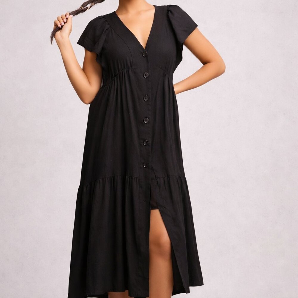 Anthropologie BLACK The Renee Flutter Sleeve Linen Dress Small